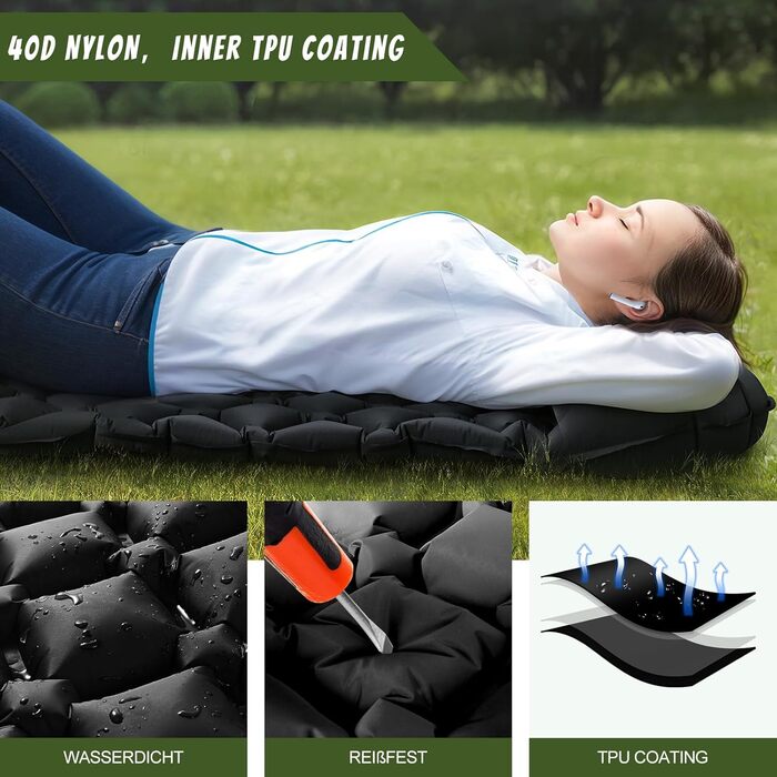 Каревіпарк Килимок для кемпінгу з подушкою, ультралегка повітряна матрац для кемпінгу, водонепроникний килимок для сну для кемпінгу, відпочинку на природі, подорожей, піших прогулянок, пляжу, чорного кольору.