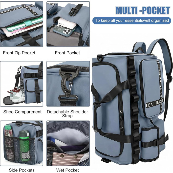 Спортивна сумка для подорожей 65л з відділенням для взуття та мокрих речей, містка сумка в зал та для плавання, синя