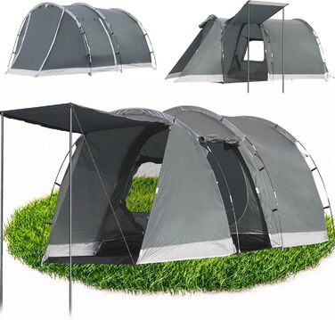 Намет для кемпінгу на 4 особи: водонепроникний тунельний намет для сім'ї та групи, з шатром для сну, сірий