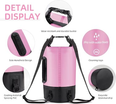 Водонепроникний сухий мішок GES 20 л Roll-Top з кишенею для телефону - для каякінгу, човнів, походів, рафтингу, плавання, кемпінгу та риболовлі (Рожевий)