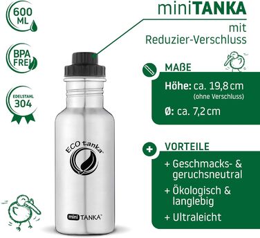 Еко-пляшка для води ECOtanka miniTANKA 0,6 л з нержавіючої сталі, багаторазова, для спорту, туризму, фітнесу, герметична, BPA-Free