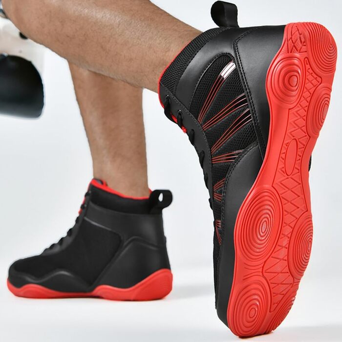 Боксерські черевики чоловічі хай-топ, професійні для тренувань, чорно-червоні (42 EU)