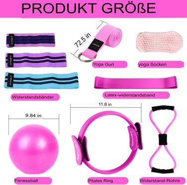 Набір для пілатесу вдома 9 предметів: м'яч для йоги, кільце для пілатесу, стрічки опору, фітнес-стрічка, шкарпетки з неслизьким покриттям, рожевий реформер для пілатесу