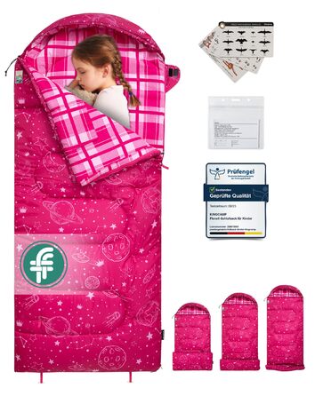Спальний мішок KingCamp для дітей, фланелевий, легкий, водонепроникний, компактний, зимовий, 4 сезони, для кемпінгу, підходить для дітей до 140 см, комфортна температура: 7°C, рожевий, регульована довжина