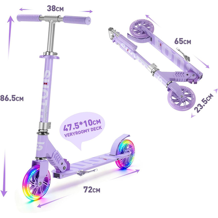 Самокат дитячий SUOTU з колесами 145 мм, до 100 кг, світлодіоди, складаний, регульована висота, для хлопчиків та дівчаток, алюмінієвий (Фіолетовий)