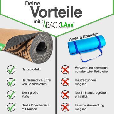 BACKLAXX Йога-мат XXL з корка та каучуку, екологічний, нековзний, фітнес-мат з антиковзними зонами