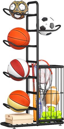 Стенд для зберігання баскетбольних м'ячів Ballständer: полиця для спортивного обладнання, відкидна стійка-тримач на 5 м'ячів та кошиків, баскетбольний кошик для регбі, волейболу, футболу