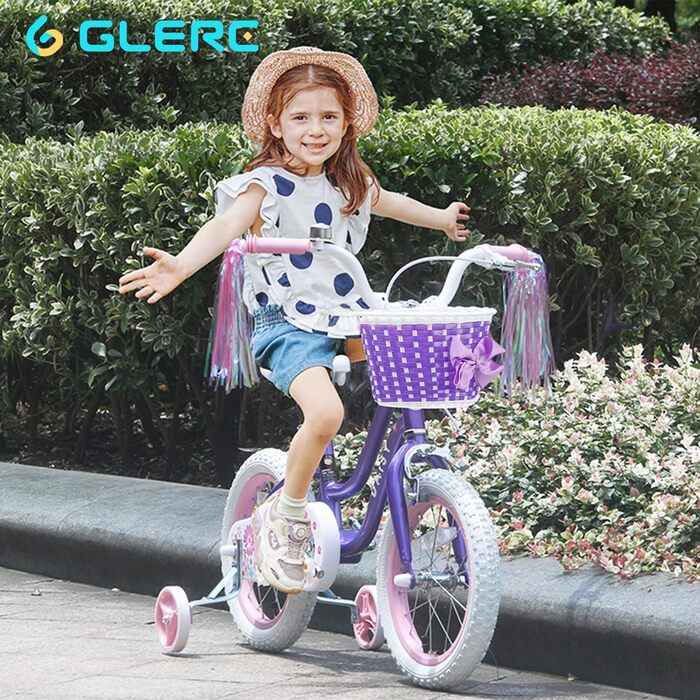 Дитяче велосипед Glerc 12/14/16 дюймів для дівчаток 2-7 років з корзиною, колірними стрічками, додатковими колесами та дзвіночком