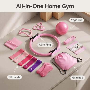 Набір для пілатесу та йоги для жінок-початківців Home Pilates & Yoga Starter Kit (рожевий) | М'яч для гімнастики 22,9 см, еспандери, кільце для пілатесу, ремені на щиколотки | Комплект для тренувань корпусу та розтяжки