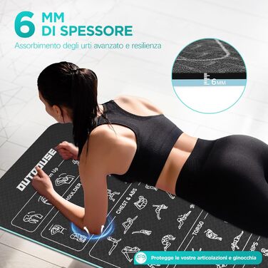 Килимок для йоги спортивний – 70 надрукованих поз, неслизький матеріал TPE, для гімнастики, пілатесу, дому та подорожей, фітнес килимок для жінок та чоловіків, 181x63x0,6 см (зелений та чорний)