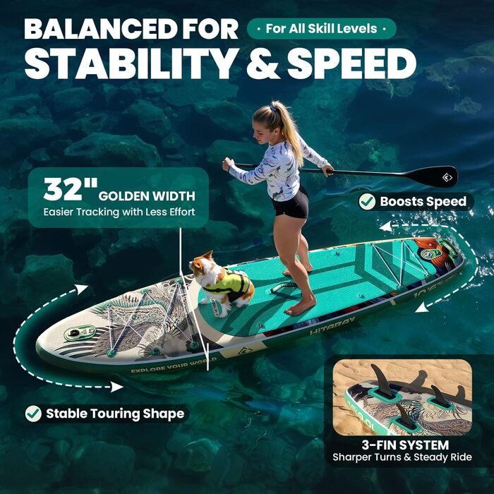 Надувний SUP Board Set для дорослих, 10'6', 320x81x15 см, 150 кг, з аксесуарами та тримачем для камери (зелений)