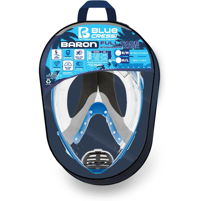 Маска для снорклінгу CRESSI Baron Full Face M/L чорна: повнолицева, антизапітнівальна, з клапаном та трубкою