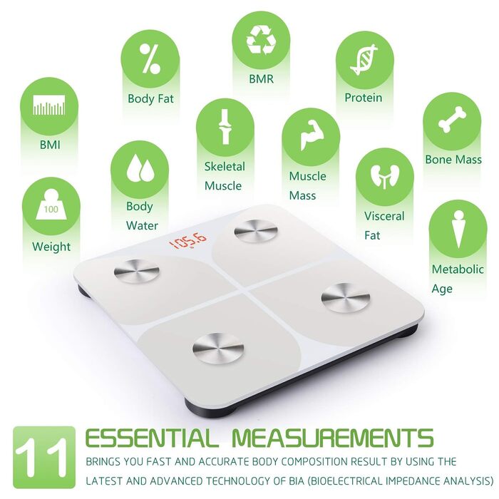 Інтелектуальна вага для вимірювання жиру та BMI з Bluetooth, 180 кг, 30x30 см