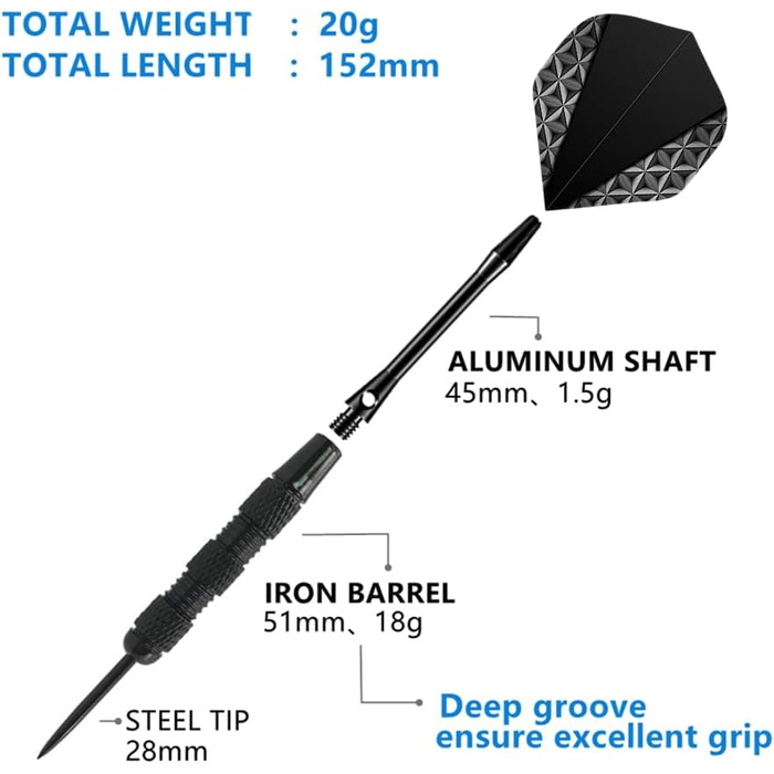Дарти сталеві Dartpfeil E Black (20 г) з алюмінієвими стеблами + 3 запасних, кейс