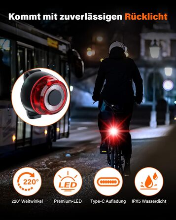 LED велосипедне світло Aufachieve, набір переднього і заднього ліхтаря, StVZO, акумулятор 600 мА·год, USB зарядка, водонепроникний IPX5, комплект велосипедного освітлення