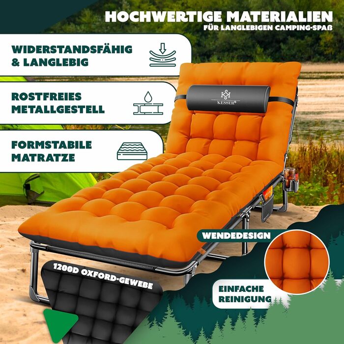 Кемпінгове ліжко KESSER® розкладне, 190x68x30 см, до 250 кг, з Oxford-тканини та сталевим каркасом + сумка, подушка, кишеня та тримач для напоїв, чорний/помаранчевий