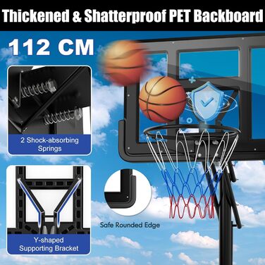 Баскетбольний стенд Komfotteu портативний, регульована висота 245-305 см, вуличний баскетбольний кошик на колесах для молоді та дорослих