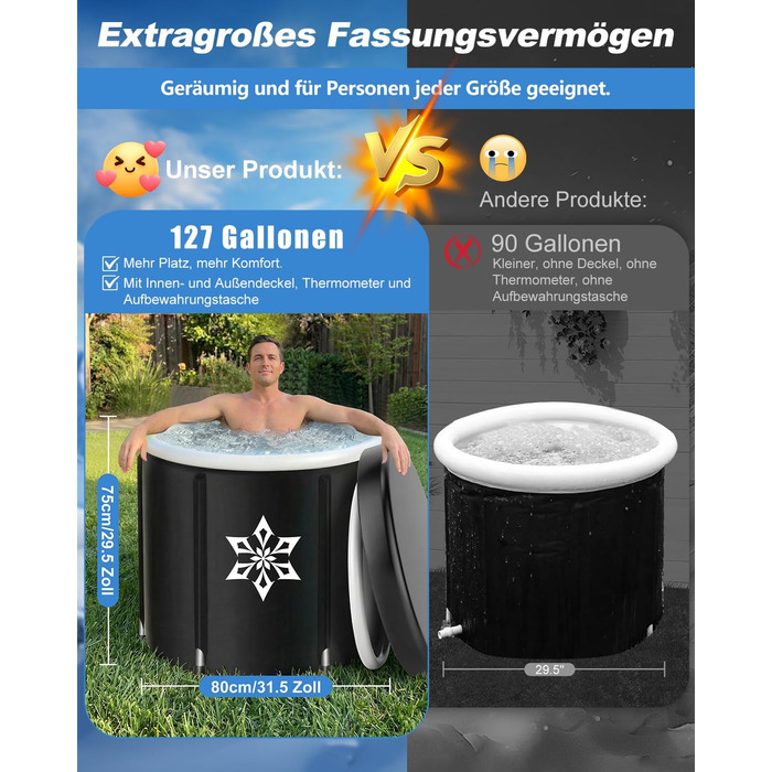 Кріованна для льодяних купань з системою охолодження XL (80 см), комплект з 8 сталевими стійками, термозахистом та сумкою для спорту