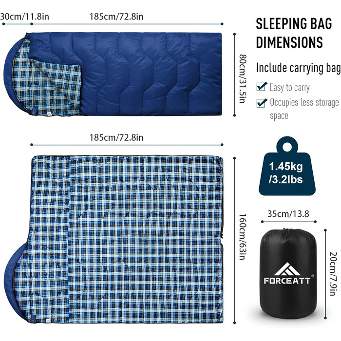 Спальний мішок Forceatt 3-4 сезони, -5°C, фланель та поліестер, для дорослих, водонепроникний, теплий, для кемпінгу, відпочинку на природі та холодних умов. 10°-Морська хвиля