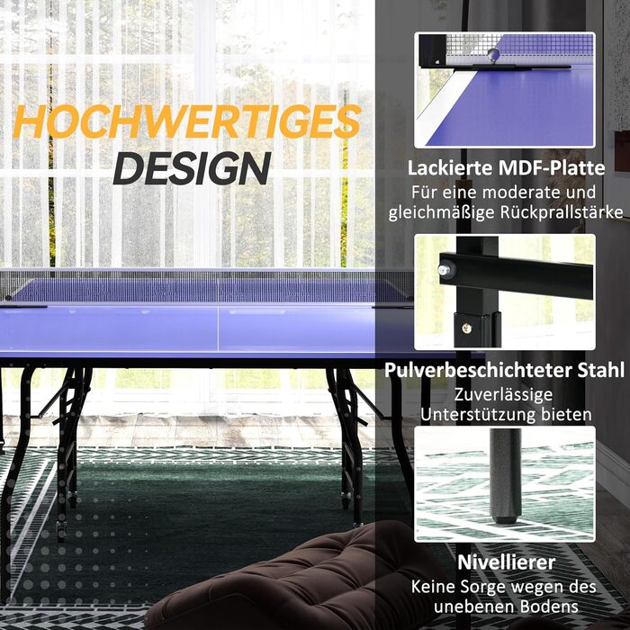 Стіл для пінг-понгу SPORTNOW Mid Size, розкладний, з роликами та сіткою, 3 м'ячі, 12 мм, вологостійкий, для гри в приміщенні та на вулиці, 274 x 152,5 x 76 см, блакитний