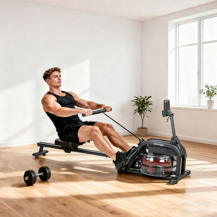 Гребний тренажер для дому з резервуаром для води об'ємом 6-11 л, LCD-дисплеєм, тримачем для телефону, максимальною вагою користувача 135 кг, сталевий каркас, чорний колір