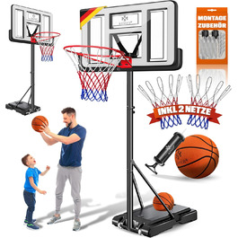 Баскетбольний кошик KESSER® Outdoor зі стійкою та колесами. В комплекті 2 сітки, м'яч та насос. Регульована висота 230-305 см. Підходить для дітей та дорослих.