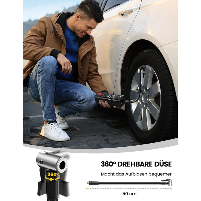 Електричний компресор Lamicall 150PSI, акумулятор 7500mAh, портативний насос для авто, велосипеда, мотоцикла з цифровим манометром і Powerbank