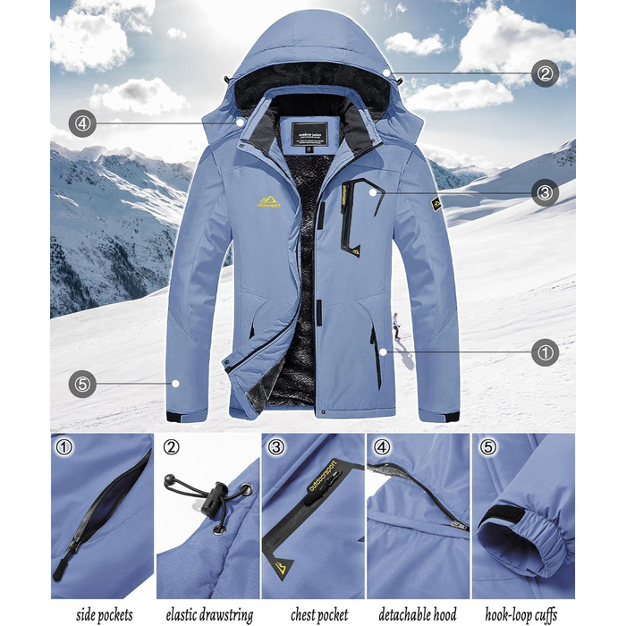 TACVASEN Жіноча перехідна куртка, тепла зимова куртка, вільна куртка для походів, гірськолижна куртка з водонепроникним блискавкою, S, світло-блакитна