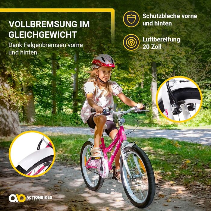 Детский велосипед Actionbikes Butterfly, 20 дюймов, V-Brake тормоза, защита от грязи спереди и сзади, для девочек 6-9 лет, белый/розовый