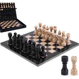 Шаховий набір з мармуру для дорослих, ручної роботи, 32 фігури, 2 додаткові королеви, коробка для зберігання, розкішний подарунок, елегантний декор (чорний & кораловий)