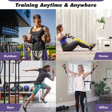 Набір еластичних стрічок для фітнесу з різними рівнями опору, з дверними фіксаторами, ручками, чохлом, сумкою та інструкцією. Стрічки для фітнесу/йоги/силових тренувань для чоловіків та жінок (фіолетовий, чорний, червоний, жовтий)