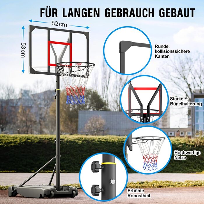 Баскетбольний кошик вуличний з підставкою, регульована висота 147-260 см, міцна задня панель 82x53 см, розширений майданчик на колесах, чорний