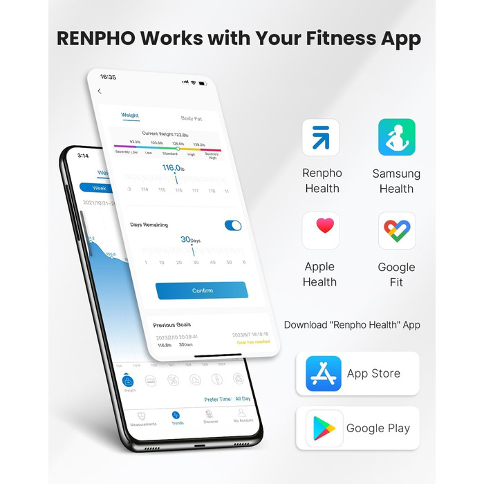 Розумні ваги RENPHO з Bluetooth, аналізатор жиру, м'язової маси, ІМТ, ваги, води, білка, кісткової маси, BMR, чорні, 270 мм
