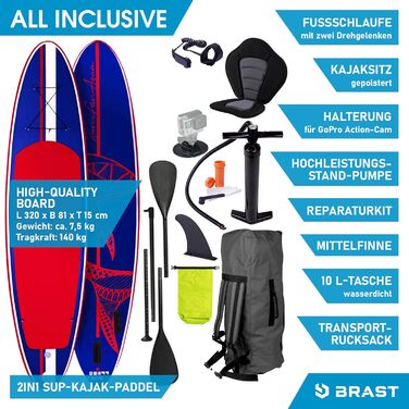 Надувна SUP дошка BRAST Shark 300-320 см, комплект: 2-в-1 весло, сидіння для каяка, тримач для екшн-камери, насос, рюкзак, 5 років гарантії