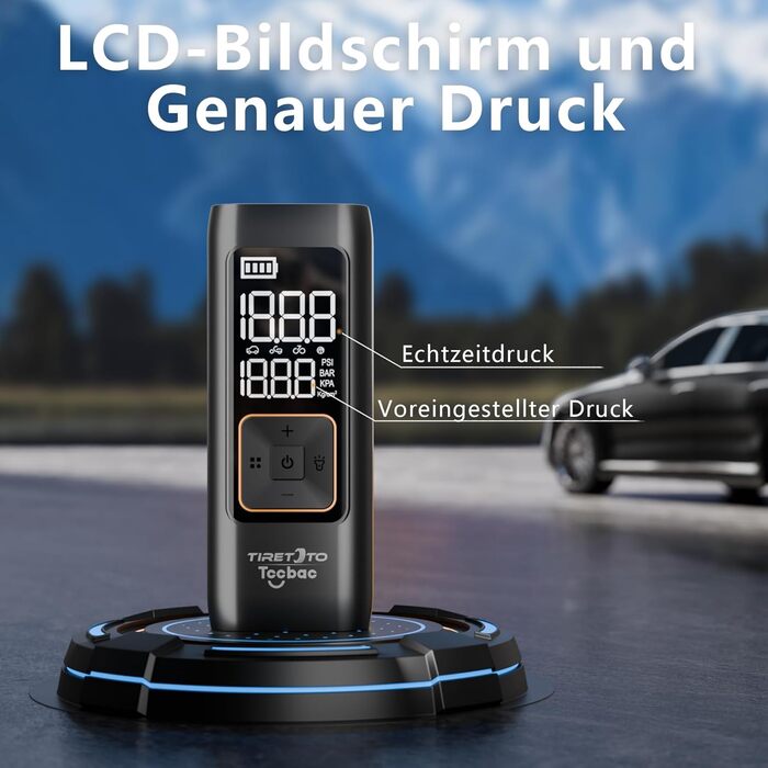 Електричний насос Tccbac 12V 7800mAh, портативний компресор 150PSI з LED підсвіткою, манометром та Powerbank для авто, мотоцикла, велосипеда і м'ячів