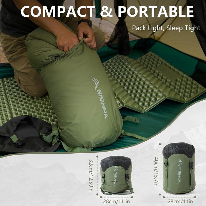 Спальний мішок BISINNA Mumienschlafsack -10°C - 5°C [400GSM] для туризму, кемпінгу та подорожей, зелений