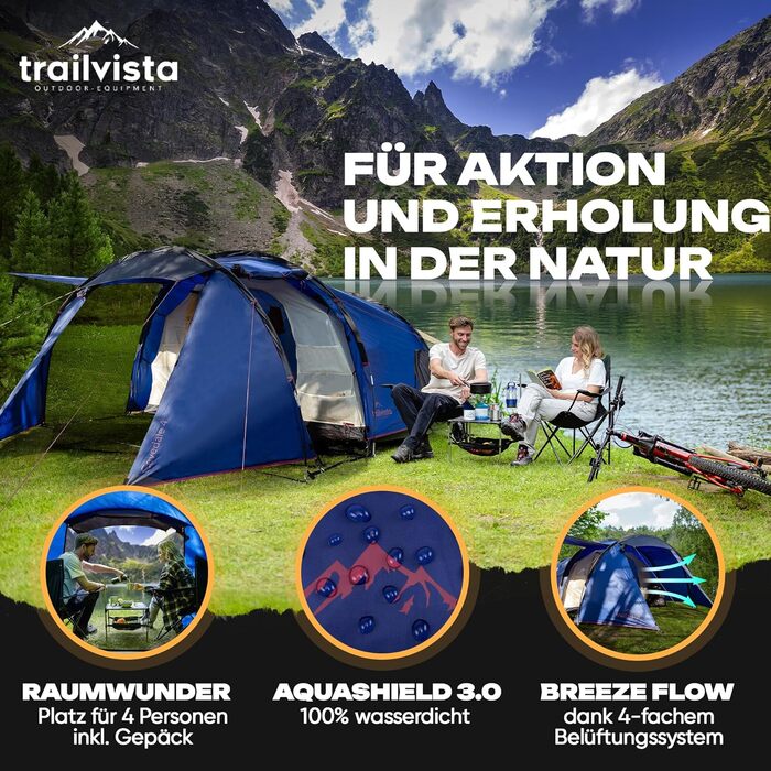 Намет Trailvista® Cevedale Zelt для 4 осіб: водонепроникний, легкий, швидко встановлюється, з тамбуром. Сімейний тунельний намет для кемпінгу, блакитний