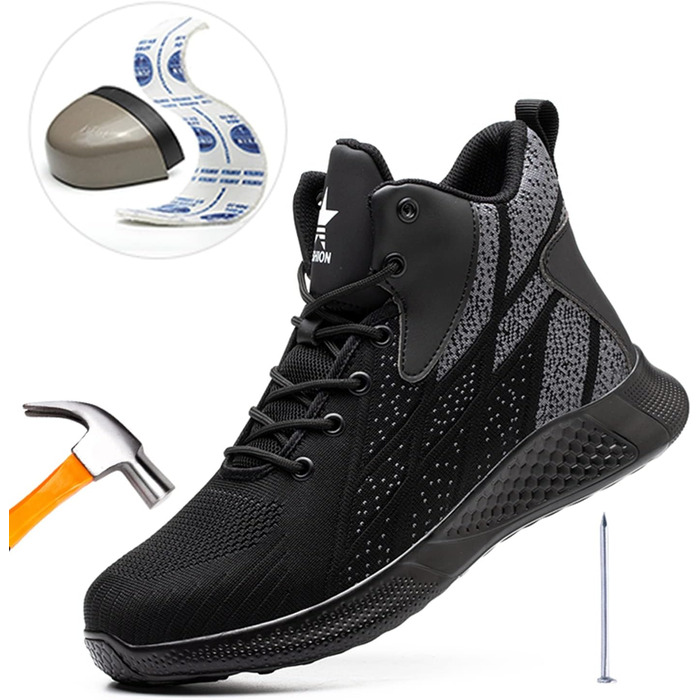 Черевики безпеки легкі чоловічі/жіночі робочі з металевим капом дихаючі антиковзкі черевики з металевим капом 35-48 EU (48 EU, Чорний)