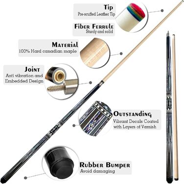 Професійний більярдний кий Tai BA, 19 ounce, 2-секційний, канадський клен, 11,75 мм наконечник, 144,8 см, блакитний, червоний, сірий, зелений