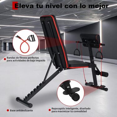 Складана та регульована лавка для тренувань з гантелями, 7 положень, вантажопідйомність 300 кг, з еластичними стрічками та подушкою для біцепса – ідеально для дому