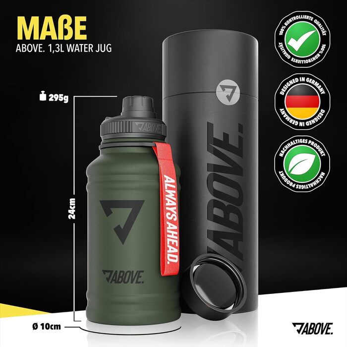 Сталева термофляга ABOVE 1.3L/2.2L – BPA-free, без витоку, міцна – 2L металева фляга з додатковим клапаном для спорту, фітнесу та відпочинку на природі. Якісна подарункова коробка (Оливковий, 1300 мл)