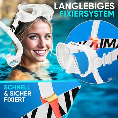 Набір для снорклінгу KAIMANA® AquaVision Elite для дорослих з сумкою, зручна маска для снорклінгу, альтернатива масці для снорклінгу, маска з текстильним/силіконовим ремінцем (AVL Білий, Comfort - Strap)