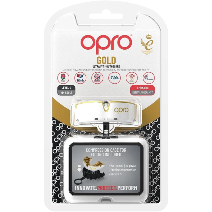 Охоронна капа OPRO Gold для дорослих і дітей, для боксу, MMA, хокею, лакросу та контактних видів спорту, біло-золота, розмір для дорослих (10+), підвищений комфорт