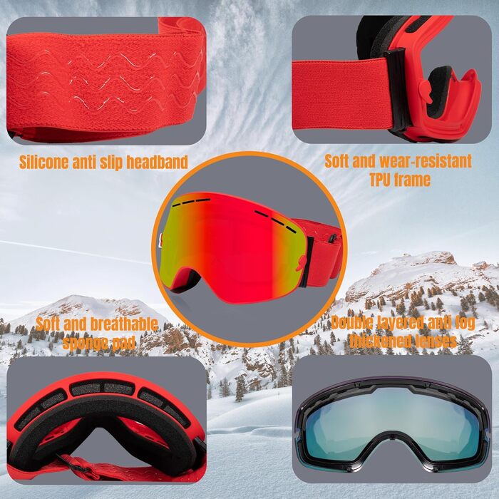 Окуляри для сноуборду Queshark: подвійна сферична лінза, UV400, антизапітніння, сумісність з шоломом, чорний & коричневий (червоний)