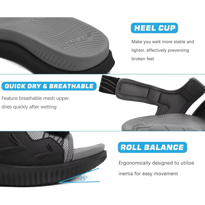 Чоловічі трекінгові сандалі KuaiLu: зручні, ортопедичні, для підтримки стопи при фасціїтісу, літні, легкі, відкриті, з регулюванням на липучці (44 EU, чорно-сірий)