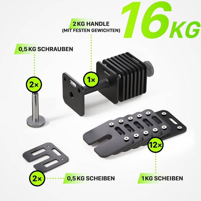 Eisenlink Регульована квадратна штанга (гантель) 1 шт. 20 кг / 36 кг - Інноваційна компактна регульована гантель з антиковзним руків'ям для фітнесу, тренувань у залі та вдома. 1 шт. 16 кг (1×16 кг)