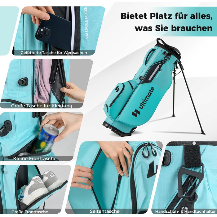 COSTWAY Гольф сумка на візку, сумка для гольфу з 8 відділеннями та водонепроникним чохлом, легка гольф сумка з 5 кишенями та підставкою, футляр для олівців портативна для чоловіків, жінок (Турквіс)