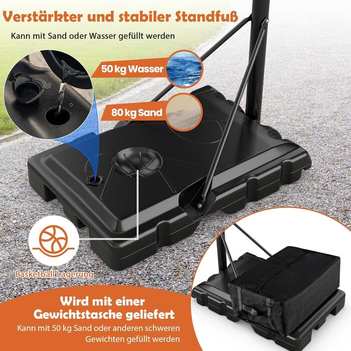 Баскетбольне кільце Gymax вуличне, регульована висота 204-358 см, стійка на колесах, з утяжеленою основою, для підлітків та дорослих 236-305 см