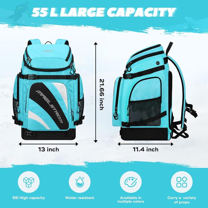 Чохол для лижних черевиків Maelstrom, 55 л, великий рюкзак для подорожей, водонепроникний для сноуборду та лижного спорядження (Морська синя)