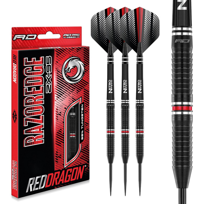Професійні дартс дротики RED DRAGON Razor Edge ZX-95, вольфрам, 26 г, сталевий наконечник, з оперенням і шафтами